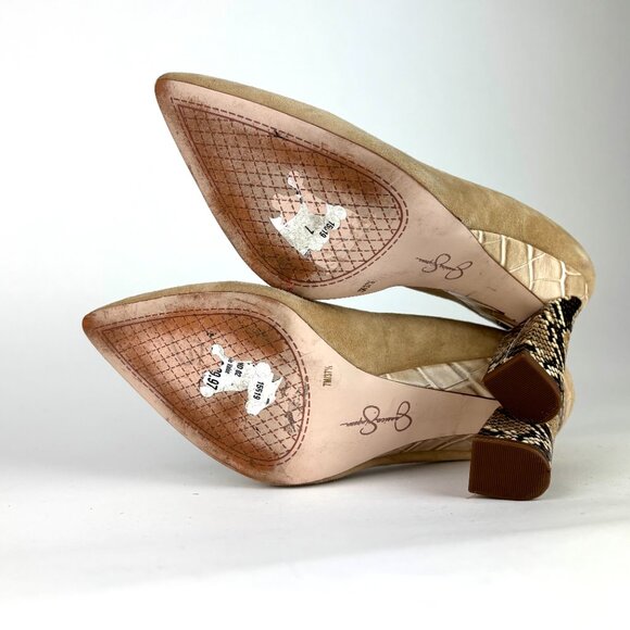 Chic Jessica Simpson Suede Pumps with Snakeskin Block Heels – Size 7.5 - Picture 9 of 13
